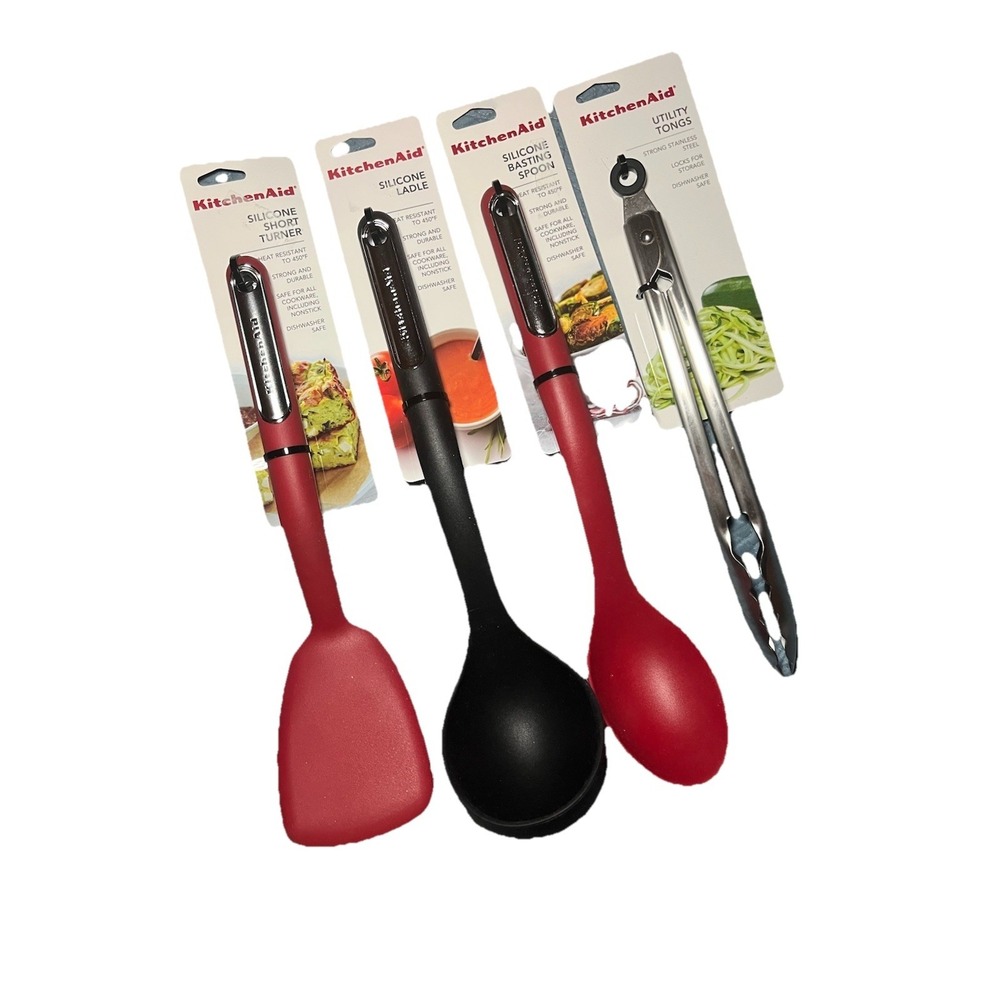 KitchenAid 4 Pc Black Red Silicone Ladle Basting Spoon and Lifter Safe Nonstick